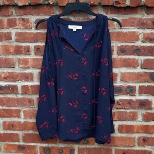 LOFT floral print cold shoulder. Long sleeve tie neck blouse